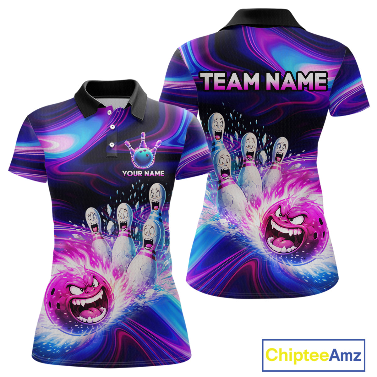 Custom Purple Blue Crazy Bowling Shirt for Women Polo & 1/4-Zip Bowling League Outfit QZT831