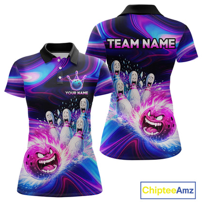 Custom Purple Blue Crazy Bowling Shirt for Women Polo & 1/4-Zip Bowling League Outfit QZT831
