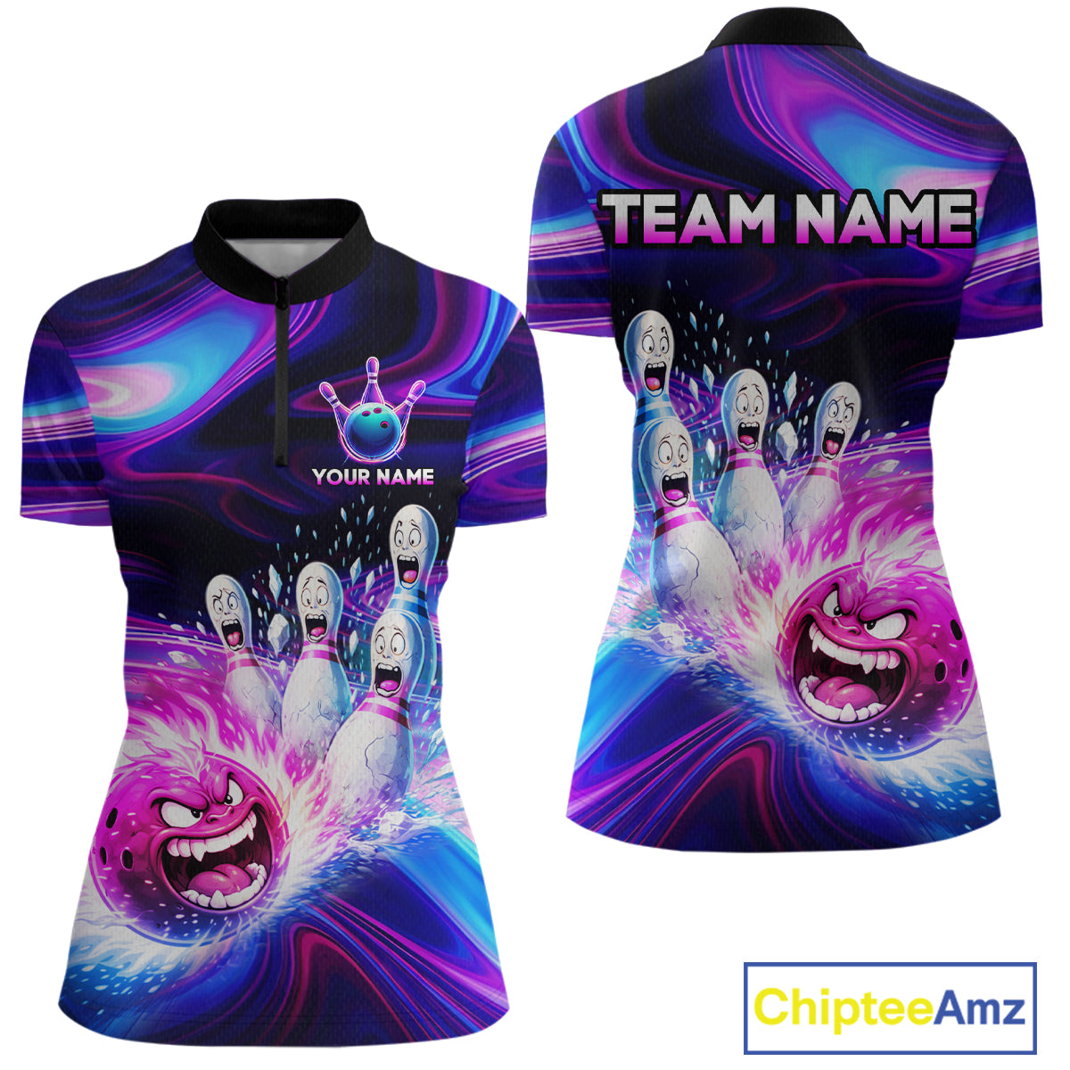 Custom Purple Blue Crazy Bowling Shirt for Women Polo & 1/4-Zip Bowling League Outfit QZT831