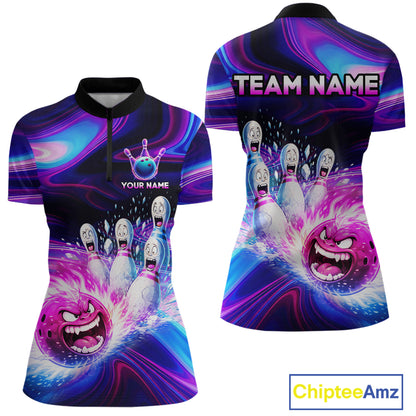 Custom Purple Blue Crazy Bowling Shirt for Women Polo & 1/4-Zip Bowling League Outfit QZT831