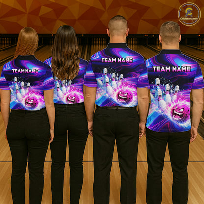 Custom Purple Blue Crazy Bowling Shirt for Women Polo & 1/4-Zip Bowling League Outfit QZT831