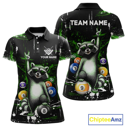Polo shirt with raccoon design holding pool balls, customizable text, and Chiptee Amz branding.
