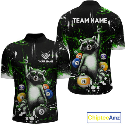 Black sports jersey with raccoon design and customizable text on a white background