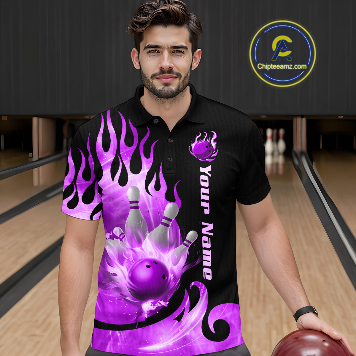 Purple Flame Bowling Team Shirt for Men Bowling League Jersey Polo & 1/4 Zip Bowling Outfit QZT782