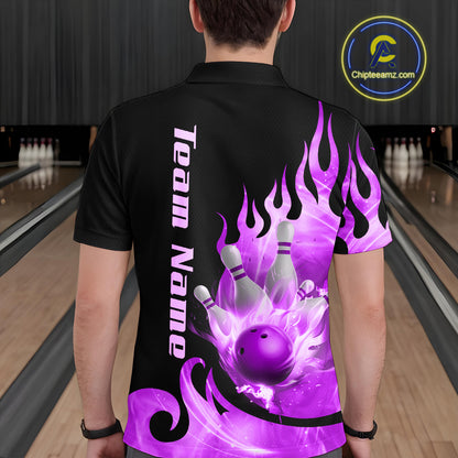 Purple Flame Bowling Team Shirt for Men Bowling League Jersey Polo & 1/4 Zip Bowling Outfit QZT782