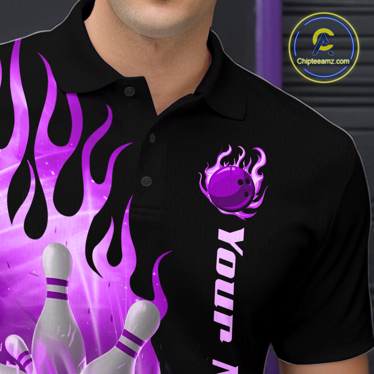 Purple Flame Bowling Team Shirt for Men Bowling League Jersey Polo & 1/4 Zip Bowling Outfit QZT782