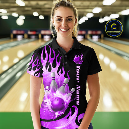 Purple Flame Bowling Team Shirt for Women Bowling League Jersey Polo & 1/4 Zip Bowling Outfit QZT782