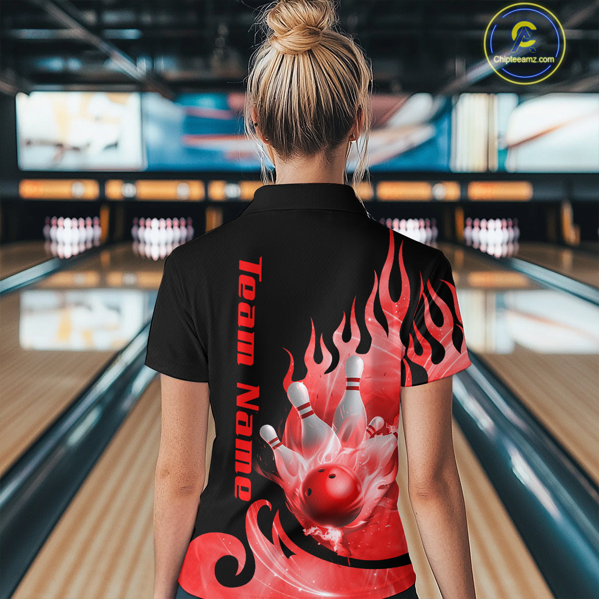Red Flame Bowling Team Shirt for Women Bowling League Jersey Polo & 1/4 Zip Bowling Outfit QZT782
