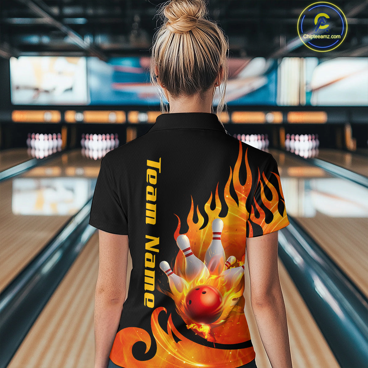 Orange Flame Bowling Team Shirt for Women Bowling League Jersey Polo & 1/4 Zip Bowling Outfit QZT782