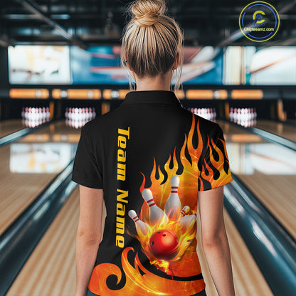 Orange Flame Bowling Team Shirt for Women Bowling League Jersey Polo & 1/4 Zip Bowling Outfit QZT782