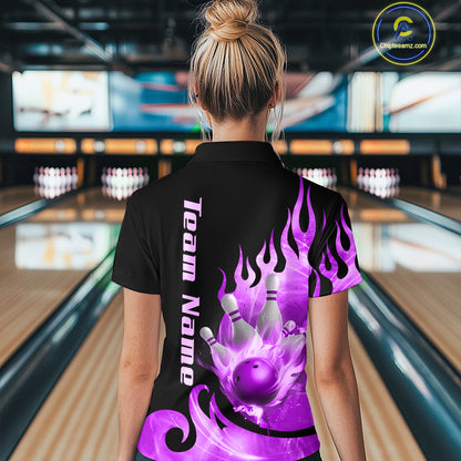 Purple Flame Bowling Team Shirt for Women Bowling League Jersey Polo & 1/4 Zip Bowling Outfit QZT782