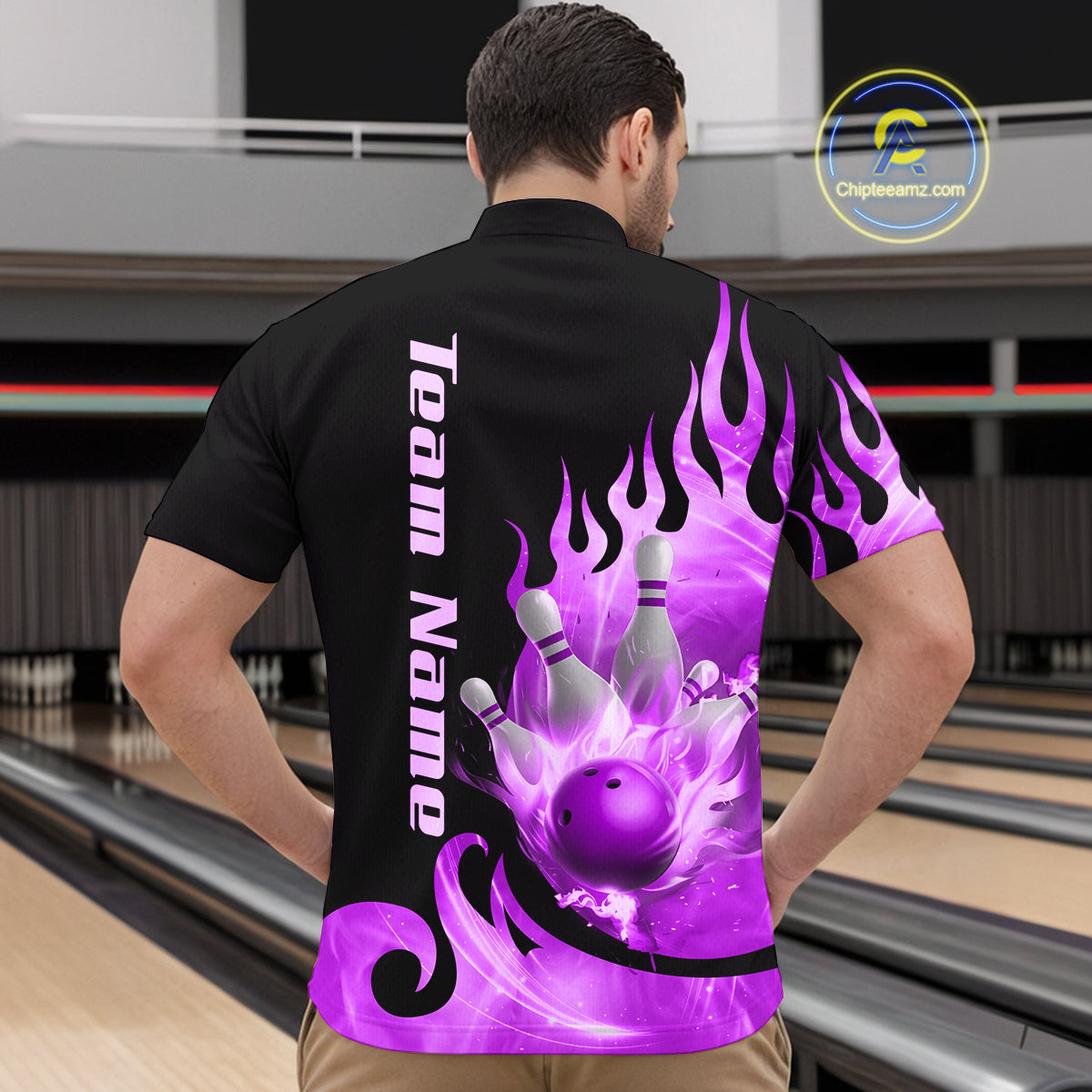 Purple Flame Bowling Team Shirt for Men Bowling League Jersey Polo & 1/4 Zip Bowling Outfit QZT782