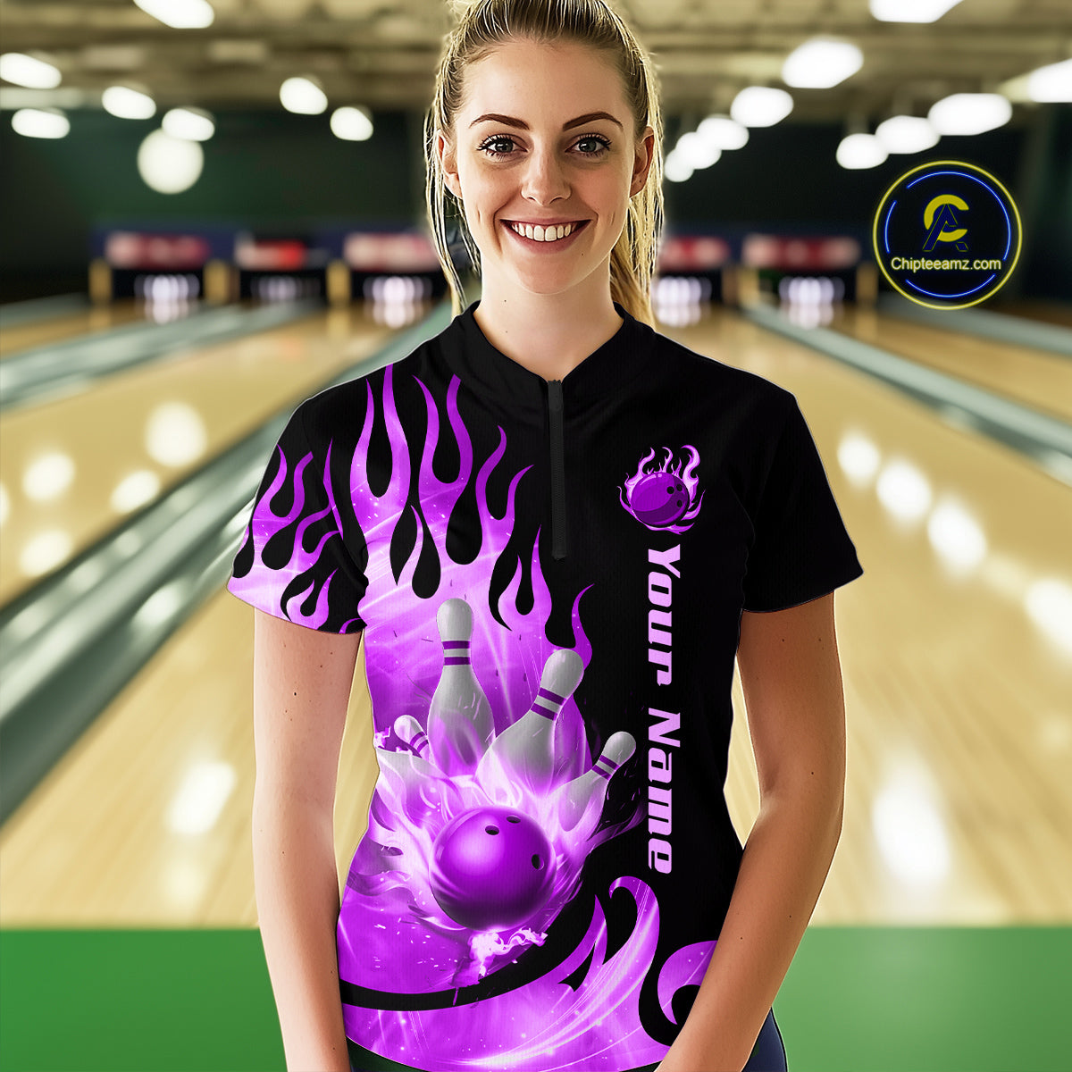 Purple Flame Bowling Team Shirt for Women Bowling League Jersey Polo & 1/4 Zip Bowling Outfit QZT782