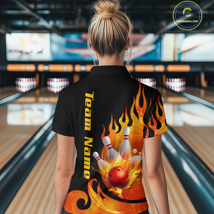 Orange Flame Bowling Team Shirt for Women Bowling League Jersey Polo & 1/4 Zip Bowling Outfit QZT782