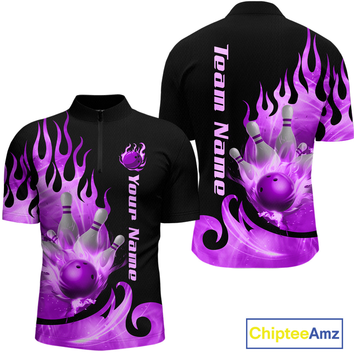 Purple Flame Bowling Team Shirt for Men Bowling League Jersey Polo & 1/4 Zip Bowling Outfit QZT782