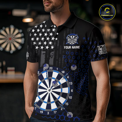 Male model wearing a custom black darts polo shirt featuring an grey American flag star pattern, a large dartboard graphic, and customizable 'YOUR NAME' text on the chest