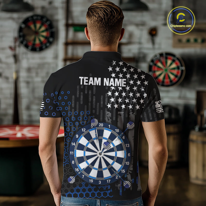 Back view of a male model wearing a custom black darts polo shirt featuring an American flag design, a large dartboard graphic, and 'TEAM NAME' printed in grey
