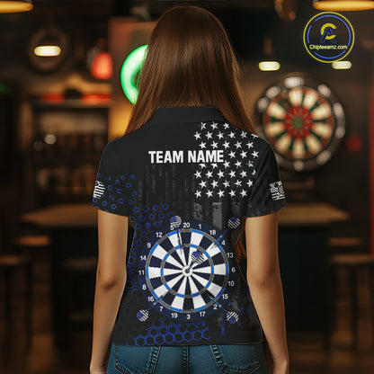 Back view of a female model wearing a custom black darts polo shirt featuring an grey American flag design, a large dartboard graphic, and 'TEAM NAME' text