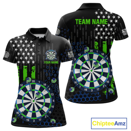 Custom darts polo shirt for women with green American flag design and dartboard graphic, personalized team name and player name by ChipteeAmz