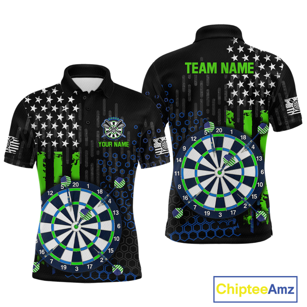 Custom darts polo shirt for men with green American flag design and dartboard graphic, personalized team name and player name by ChipteeAmz