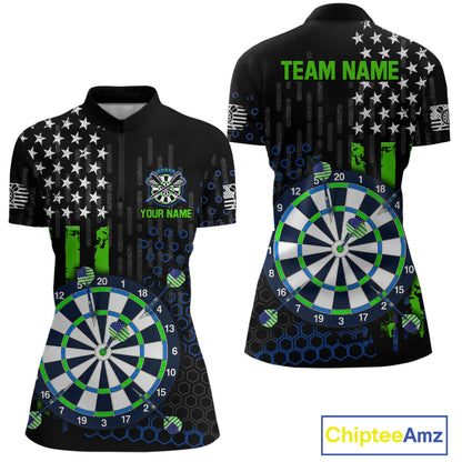 Custom darts quarter-zip jersey for women with green American flag design and dartboard graphic, personalized team name and player name by ChipteeAmz
