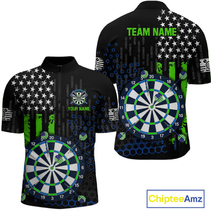 Custom darts quarter-zip jersey for men with green American flag design and dartboard graphic, personalized team name and player name by ChipteeAmz