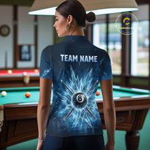 Load image into Gallery viewer, Back view of custom ice billiard polo shirt with 8 ball Frozen Pool design, billiard‑themed background