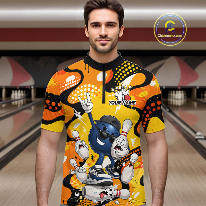 Man wearing a colorful bowling-themed shirt in a bowling alley.