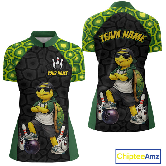 Front and back views of a short-sleeve bowling-themed quarter-zip shirt with a cartoon turtle character, bowling pins, bowling balls, and customizable text placeholders on a white background.