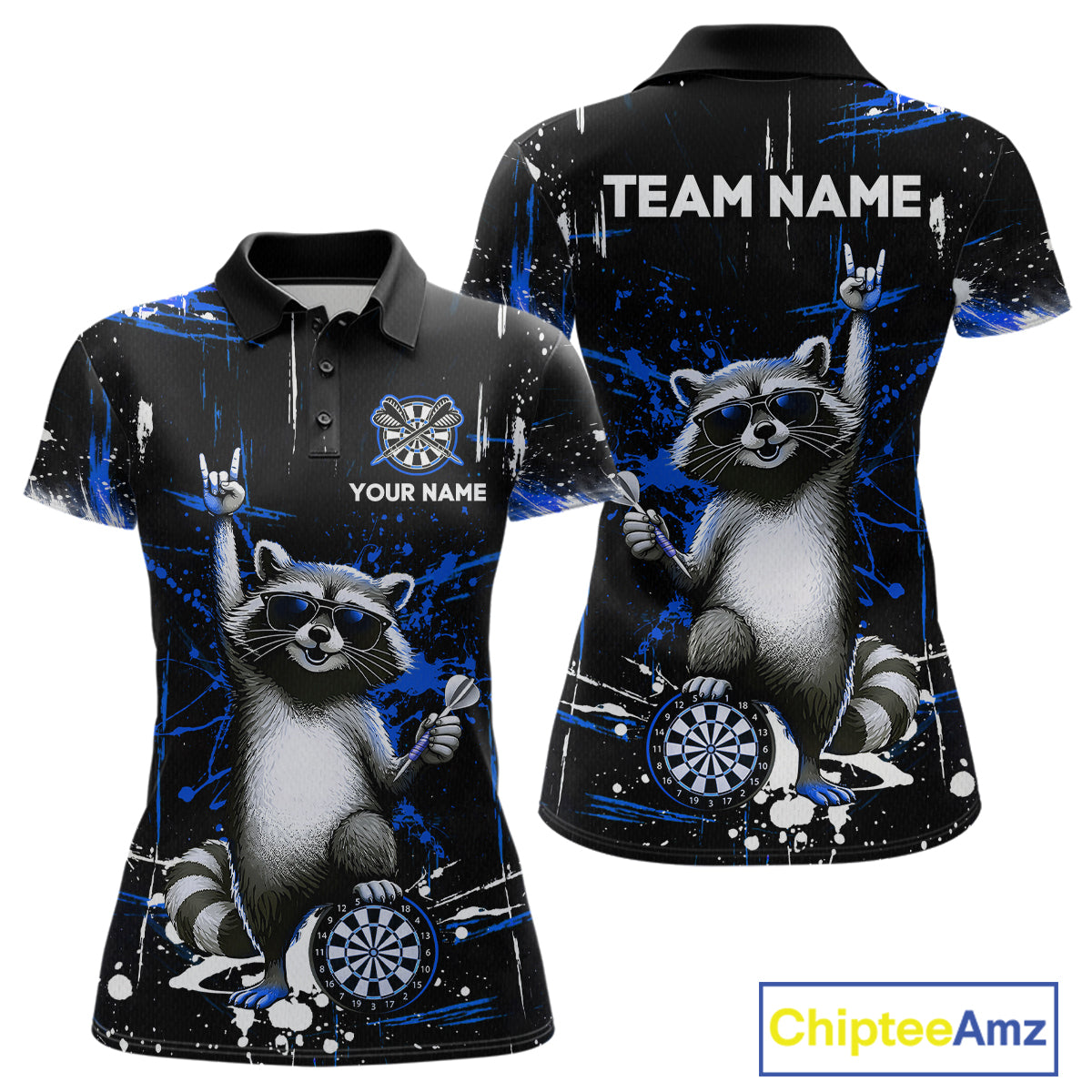 Custom Blue Funny Raccoon Dart Team Shirt for Women Dart Jersey Polo & /4-Zip Dartboard Shirt Outfit DHT29
