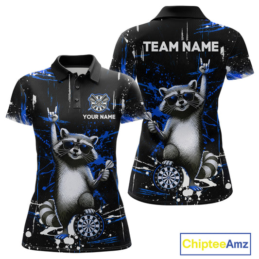 Custom Blue Funny Raccoon Dart Team Shirt for Women Dart Jersey Polo & /4-Zip Dartboard Shirt Outfit DHT29