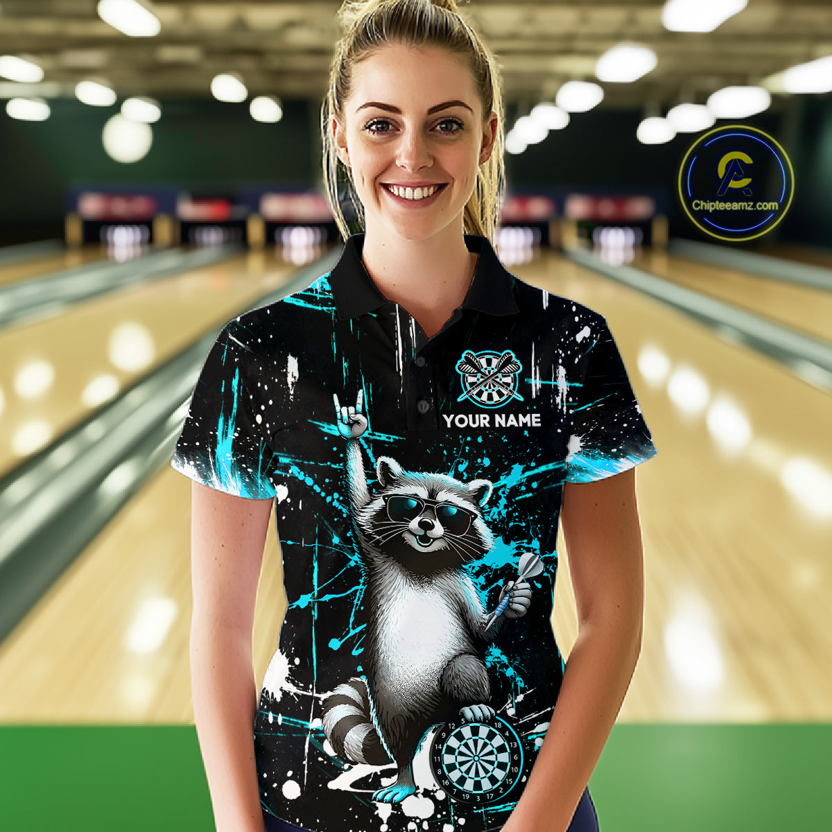 Custom Turquoise Funny Raccoon Dart Team Shirt for Women Dart Jersey Polo & /4-Zip Dartboard Shirt Outfit DHT29