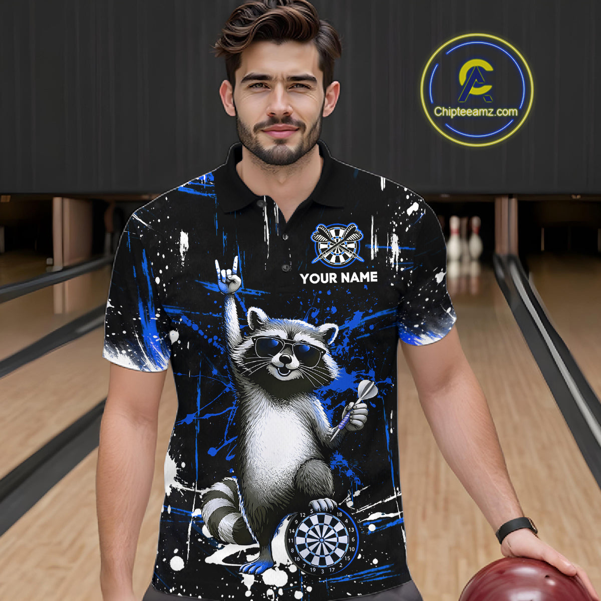 Custom Blue Funny Raccoon Dart Team Shirt for Men Dart Jersey Polo & /4-Zip Dartboard Shirt Outfit DHT29