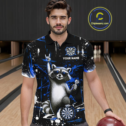 Custom Blue Funny Raccoon Dart Team Shirt for Men Dart Jersey Polo & /4-Zip Dartboard Shirt Outfit DHT29