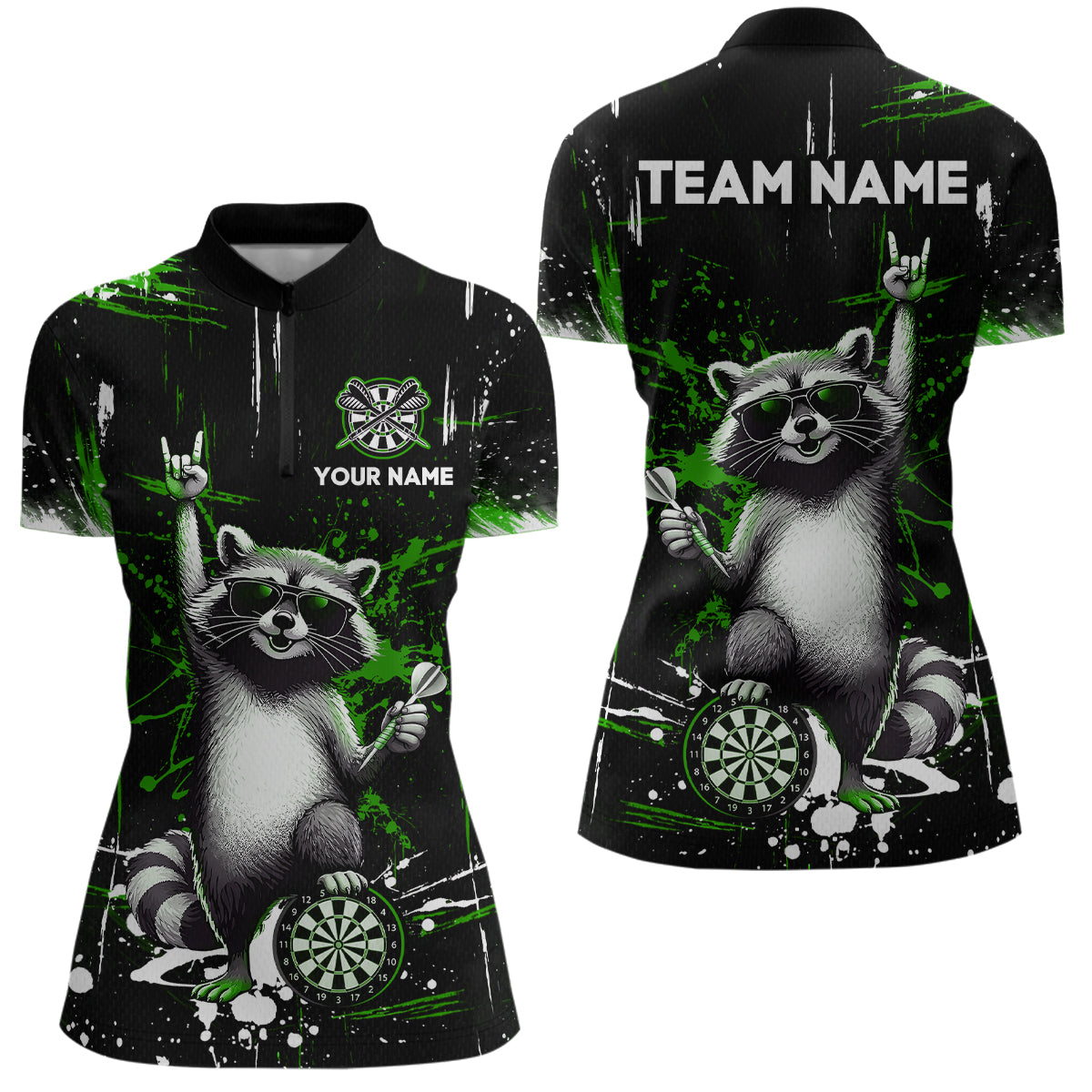 Custom Green Funny Raccoon Dart Team Shirt for Women Dart Jersey Polo & /4-Zip Dartboard Shirt Outfit DHT29