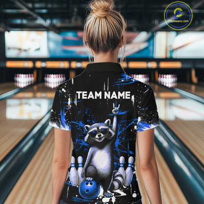 Custom Blue Funny Raccoon Bowling Shirt for Women Bowling Jersey Polo & 1/4-Zip Bowling Outfit QZT892