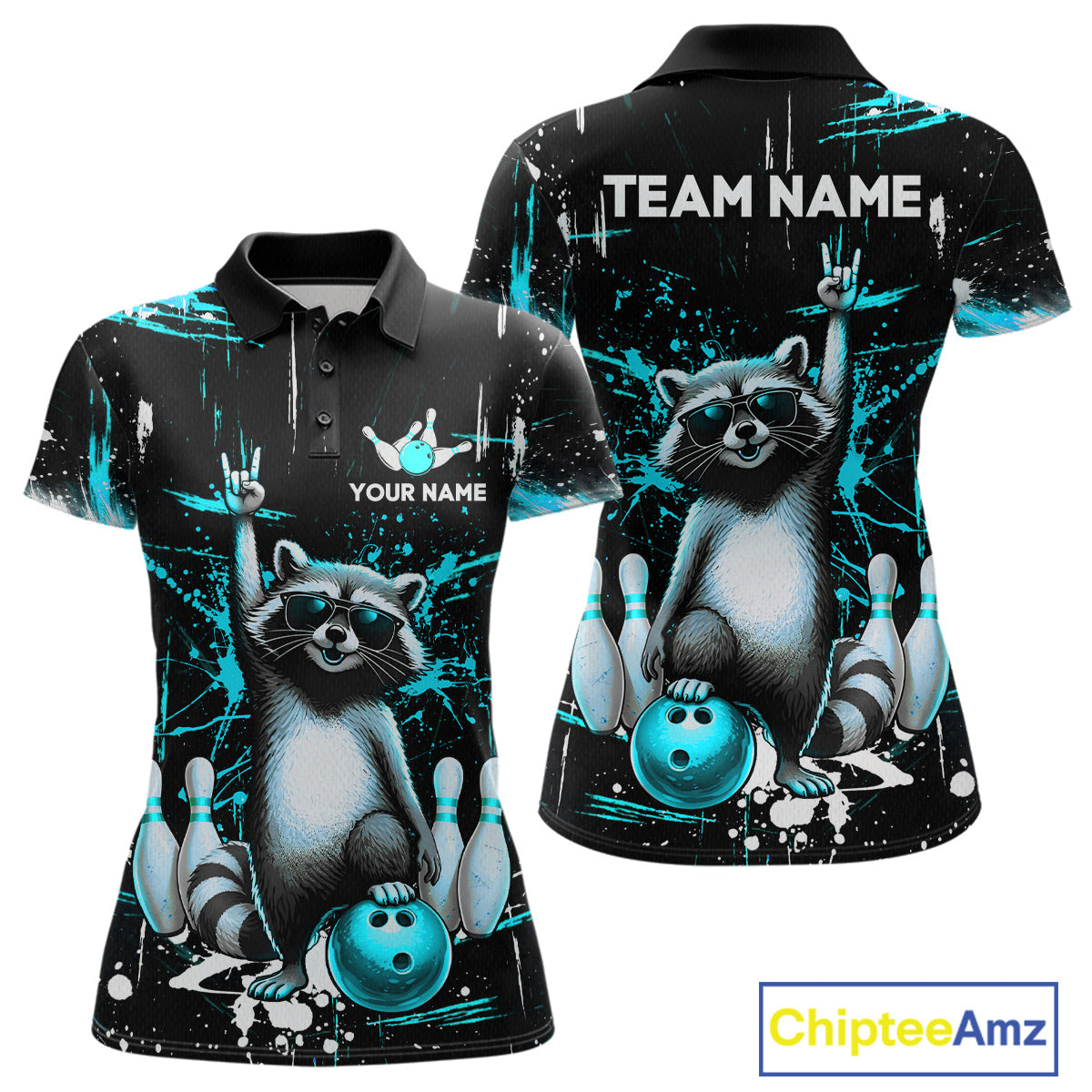Custom Turquoise Funny Raccoon Bowling Shirt for Women Bowling Jersey Polo & 1/4-Zip Bowling Outfit QZT892