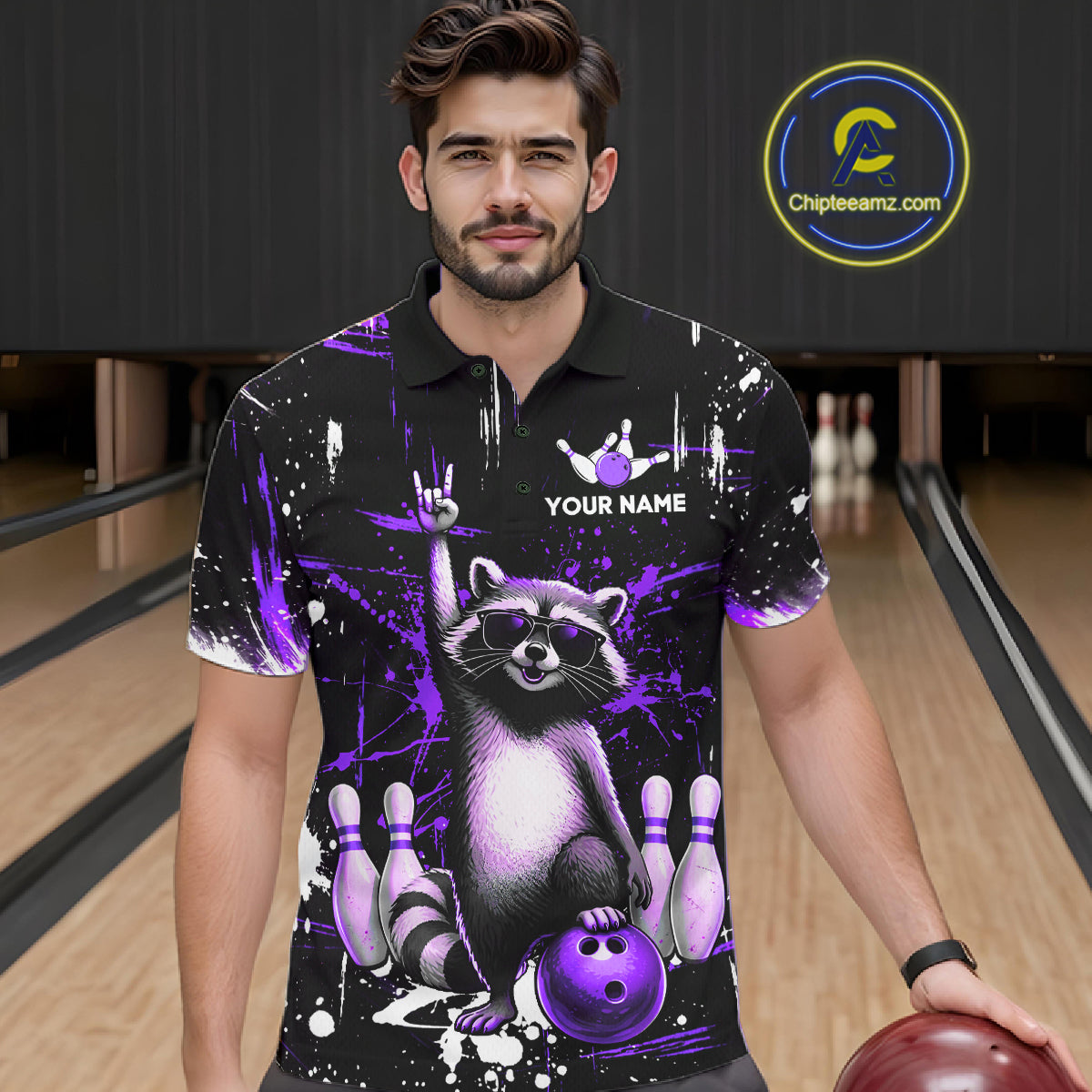 Custom Purple Funny Raccoon Bowling Shirt for Men Bowling Jersey Polo & 1/4-Zip Bowling Outfit QZT892