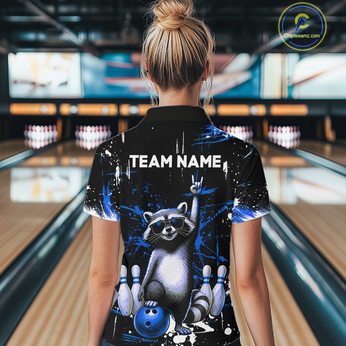 Custom Blue Funny Raccoon Bowling Shirt for Women Bowling Jersey Polo & 1/4-Zip Bowling Outfit QZT892