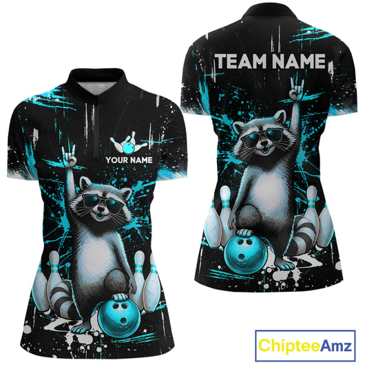 Custom Turquoise Funny Raccoon Bowling Shirt for Women Bowling Jersey Polo & 1/4-Zip Bowling Outfit QZT892