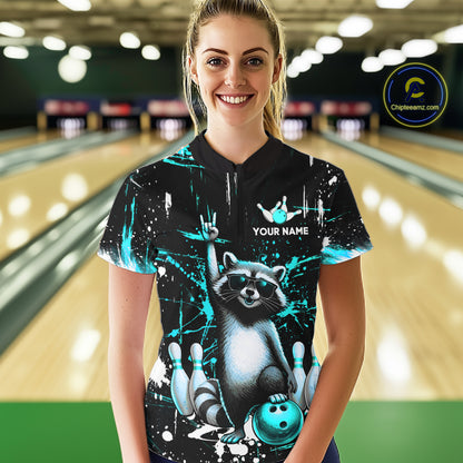 Custom Turquoise Funny Raccoon Bowling Shirt for Women Bowling Jersey Polo & 1/4-Zip Bowling Outfit QZT892