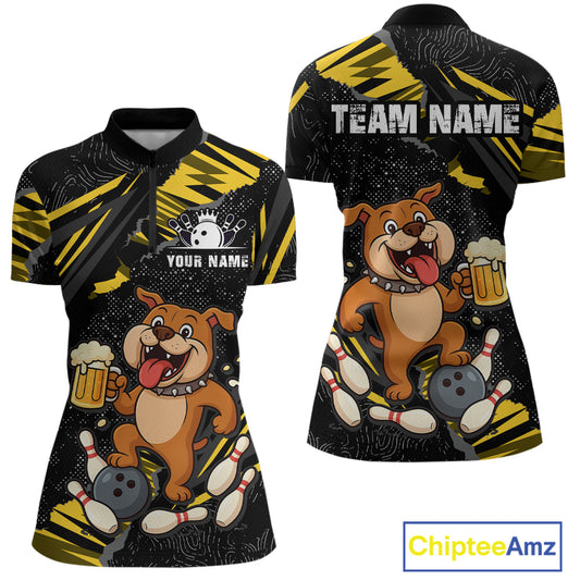 Front and back view custom black yellow bulldog bowling quarter-zip shirt featuring a playful cartoon mascot, bowling ball, beer mug and yellow paint splash pattern, displaying Your Name and Team Name