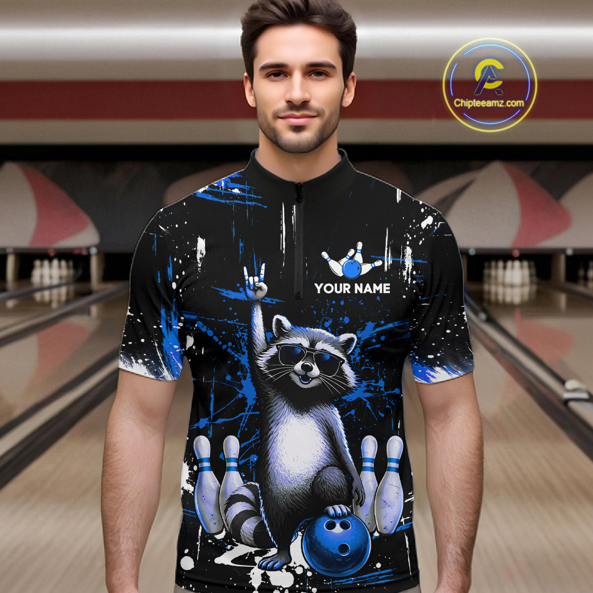 Custom Blue Funny Raccoon Bowling Shirt for Men Bowling Jersey Polo & 1/4-Zip Bowling Outfit QZT892