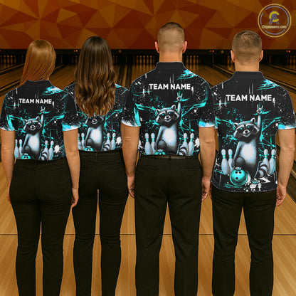 Custom Turquoise Funny Raccoon Bowling Shirt for Men Bowling Jersey Polo & 1/4-Zip Bowling Outfit QZT892