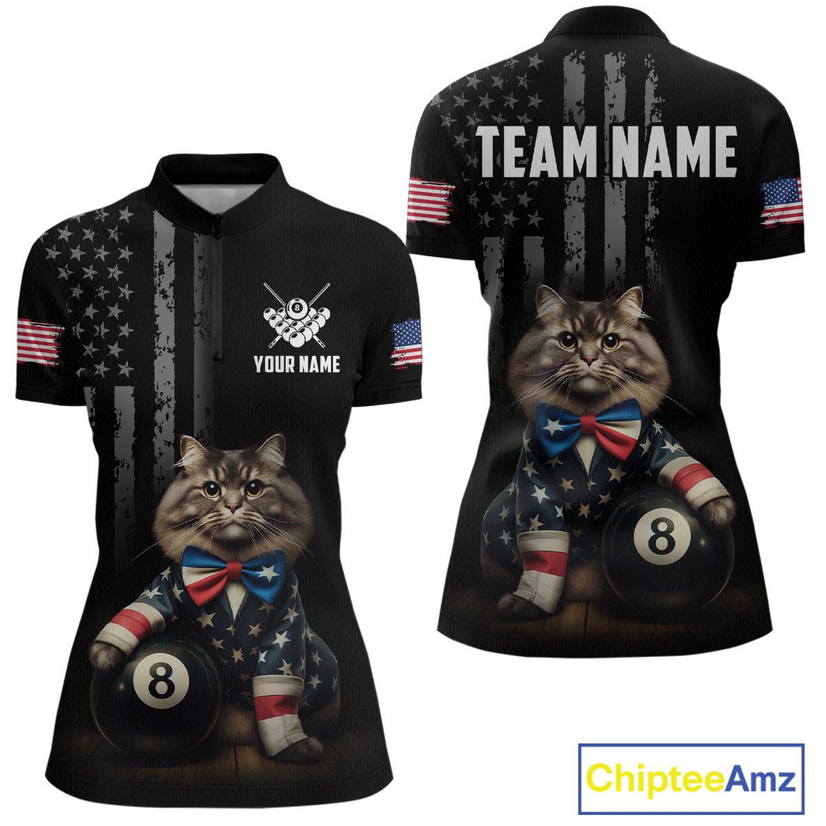 Custom American Flag Funny Cat Billiard Shirt for Women 8 Ball Pool Shirt Polo & 1/4 Zip Billiard Jersey BHT20