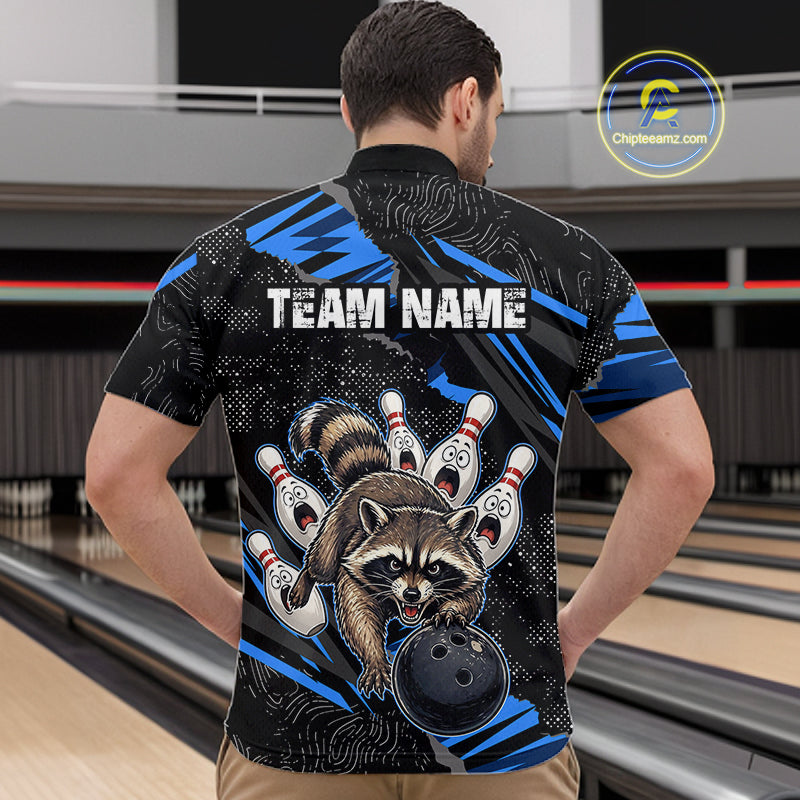 Personalized Blue Raccoon Bowling Shirt for Men Bowling Jersey League Polo & 1/4-Zip Outfit QZT1014