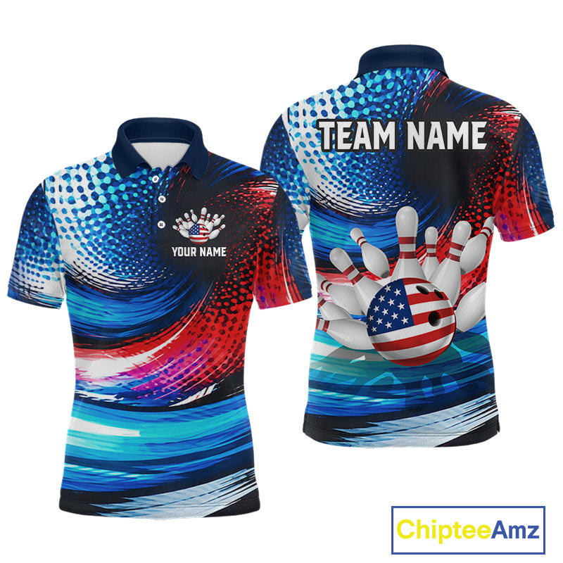 Front and back views of a short-sleeve polo shirt with a patriotic American flag design featuring blue, red, and white swirls, bowling pins, and a bowling ball graphic, with customizable text fields on the chest and back.