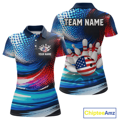 Customizable short-sleeve polo shirt shown from the front and back, featuring a vibrant blue, red, and white bowling-themed graphic with a bowling ball and pins, and placeholder text 'TEAM NAME' and 'YOUR NAME'.