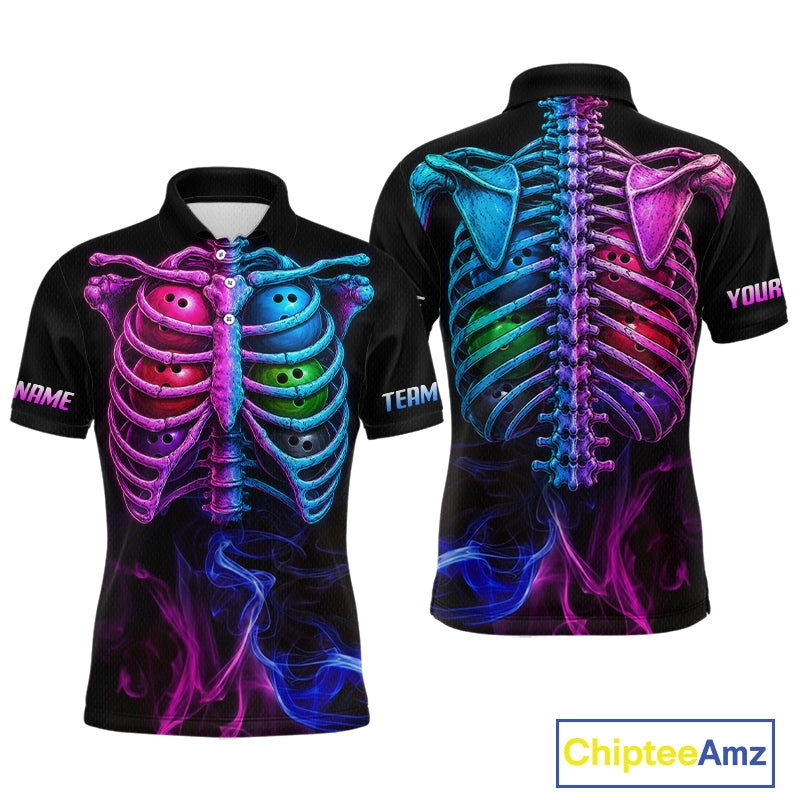 Black short-sleeve polo shirt shown from the front and back, featuring a large neon skeleton rib cage graphic in pink, blue, and purple with smoky effects and customizable text placeholders on the sleeves.