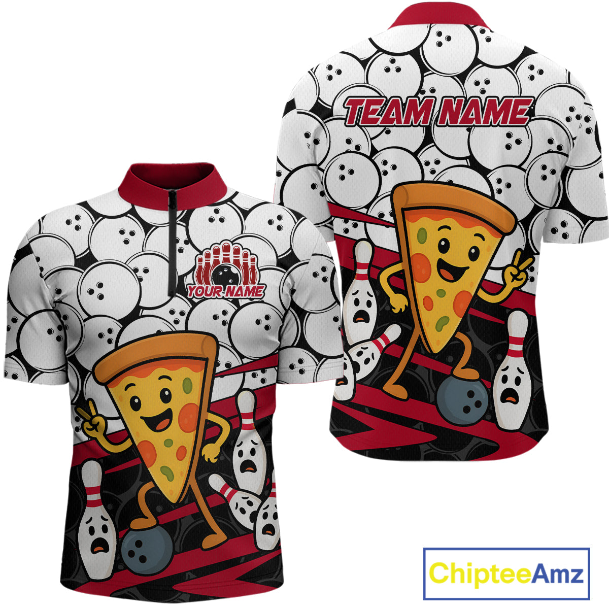Custom Red Funny Pizza Bowling Shirt Bowling with Food for Men Polo Bowling Jersey QZT799